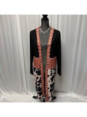 Western Cow Print Duster Cardigan Womens Size XL Boho Ranch Cowgirl Longline